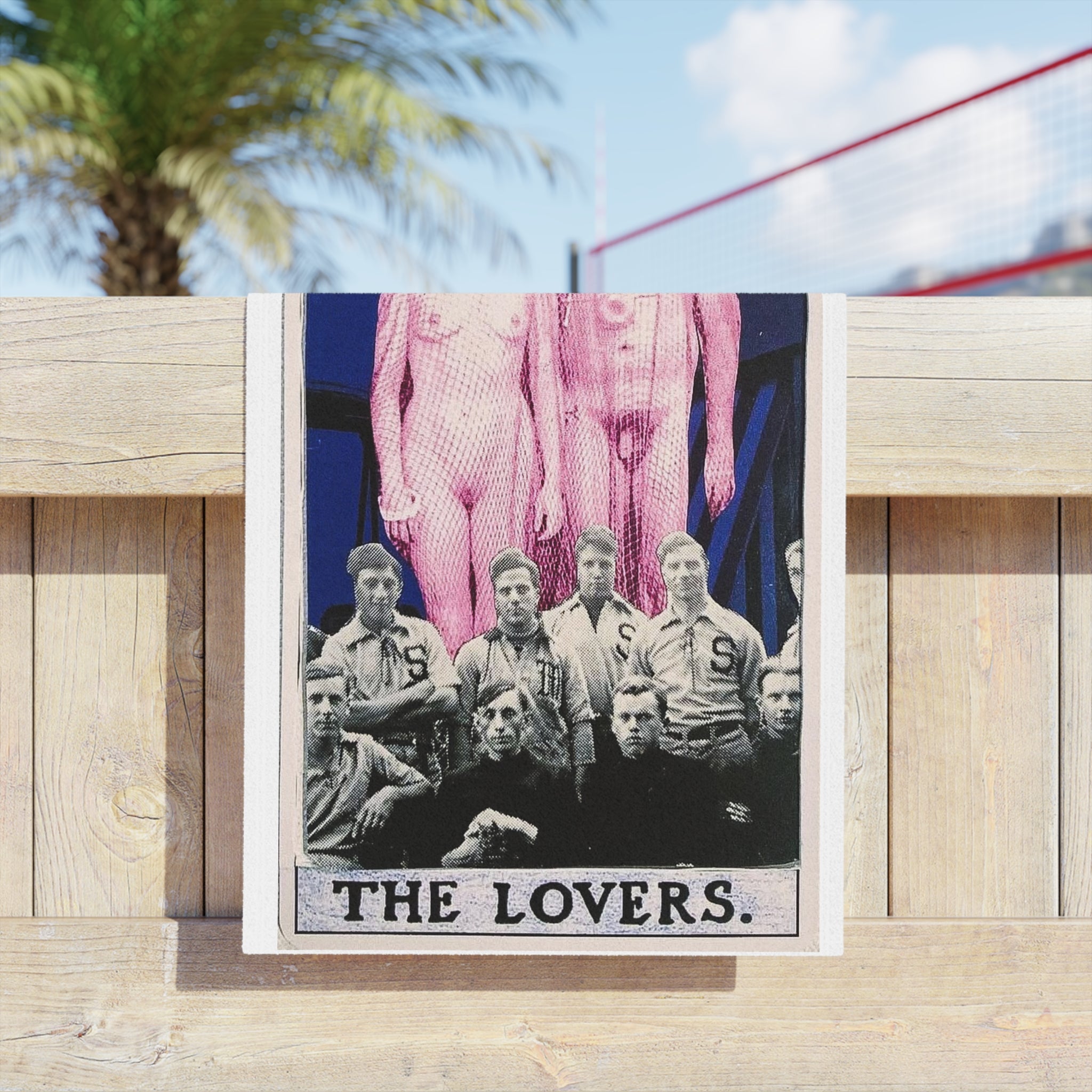 The Lovers Tarot Beach Towel — Vintage Collage Pink Nude Couple Design